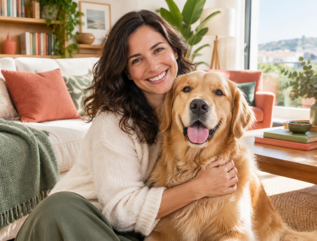 Mulher com o seu cão em casa